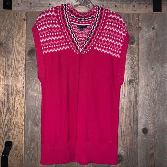 Women’s M TOMMY HILFIGER Red Raspberry Nordic Knit V-Neck Tunic Sweater Vest EXC - Picture 1 of 13